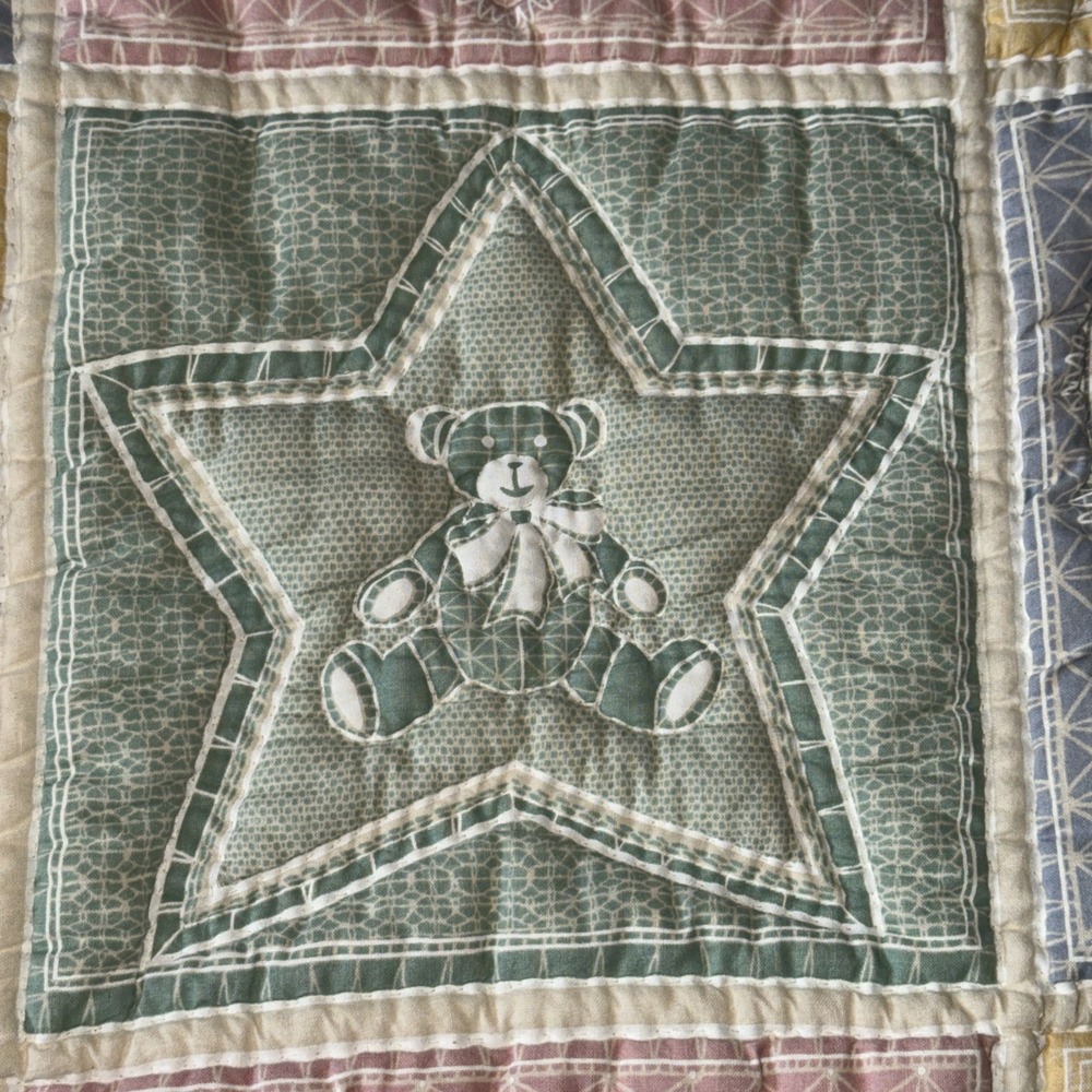 Handmade Teddy Bear Baby Quilt Pastel Crib Blanket Nursery 56x37 Vtg Cottagecore - Picture 6 of 16